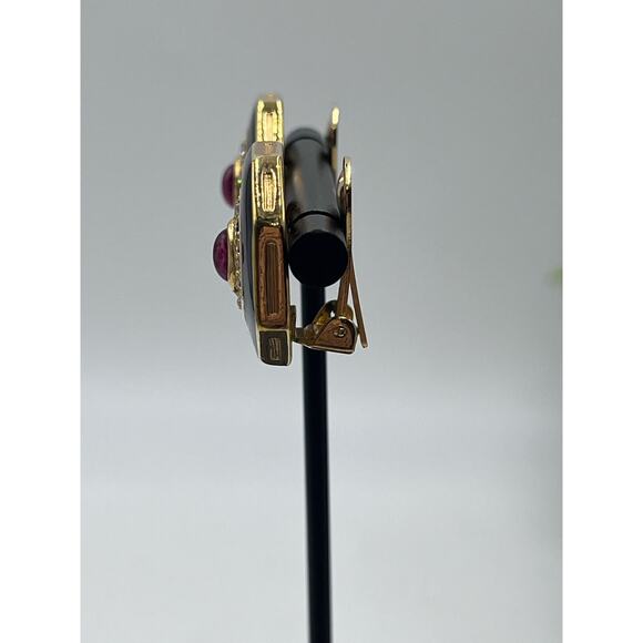 Christian Dior Signed Vintage 1980s Ruby Gripoix Black Enamel Clip On Earrings - Picture 8 of 13